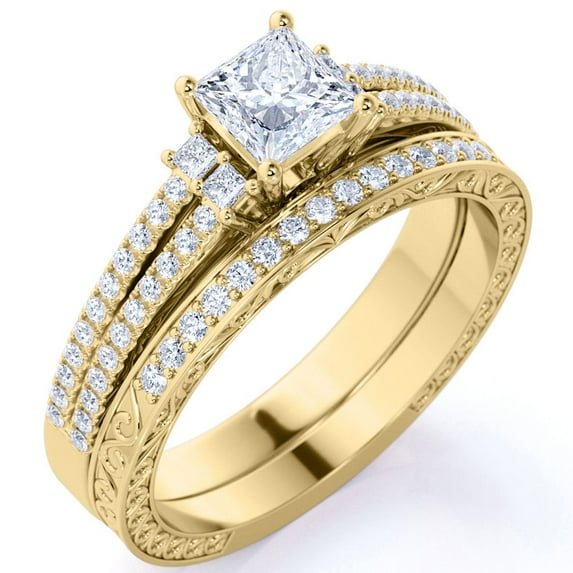 JeenMata Stunning 0.75 Carat - Princess Cut Diamond - Pave - Vintage - Double Band Engagement Ring - Bridal Set - 10K Yellow Gold