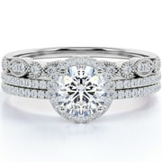 JeenMata Stunning 1.5 carat Real Moissanite Wedding Trio Ring Set with Engagement Ring and 2 Wedding Bands in 18k Gold Over Silver