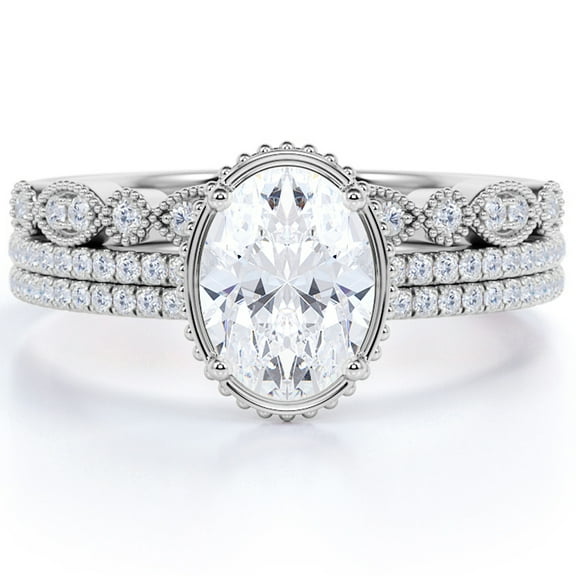 JeenMata Stunning 1.5 carat oval cut Moissanite Wedding Trio Ring Set in 18k White Gold Over Silver