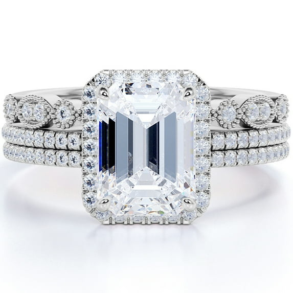 JeenMata Stunning 1.75 carat Real Moissanite Wedding Trio Ring Set with Engagement Ring and 2 Wedding Bands in 18k Gold Over Silver