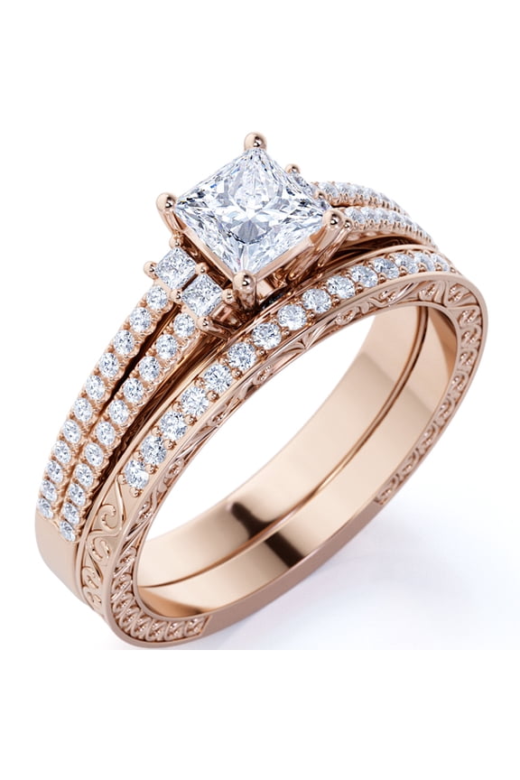 Stunning 1.75 ct - Princess Cut Moissanite - Pave - Vintage - Double Band Engagement Ring - Bridal Set - 18K Rose Gold over Silver
