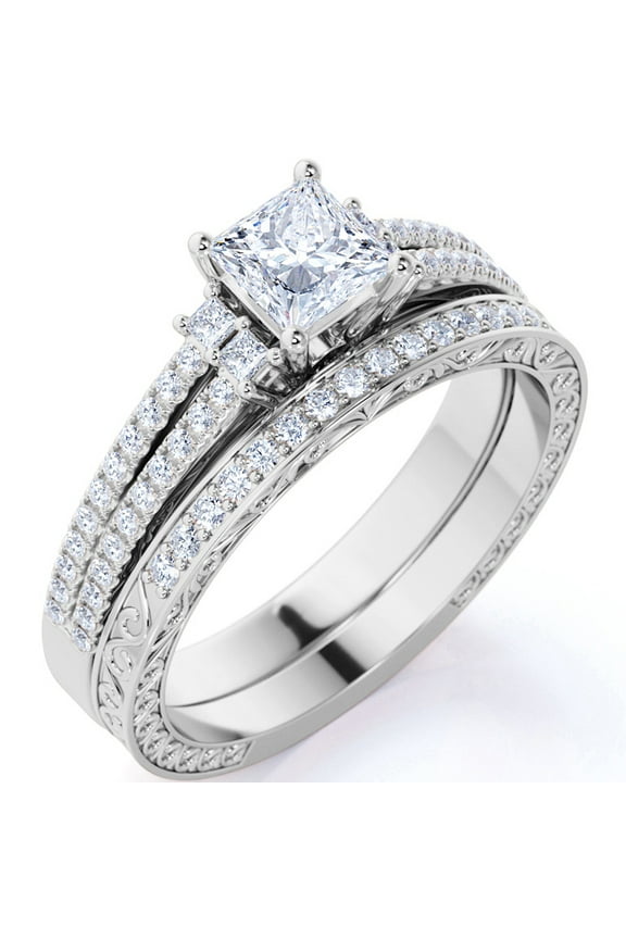 Stunning 1.75 ct - Princess Cut Moissanite - Pave - Vintage - Double Band Engagement Ring - Bridal Set - 18K White Gold over Silver
