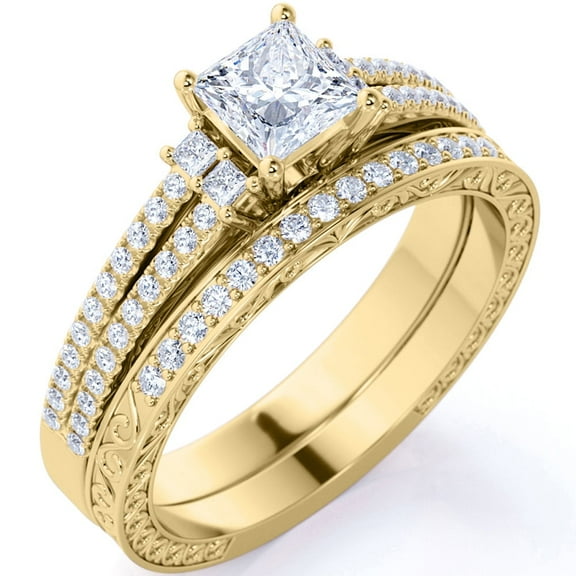 JeenMata Stunning 1.75 ct - Princess Cut Moissanite - Pave - Vintage - Double Band Engagement Ring - Bridal Set - 18K Yellow Gold over Silver