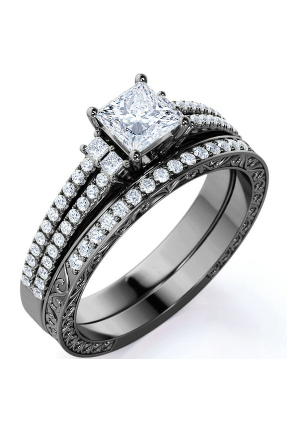 Stunning 1.75 ct - Princess Cut Moissanite - Pave - Vintage - Double Band Gothic Engagement Ring - Bridal Set - 18K Black Gold over Silver