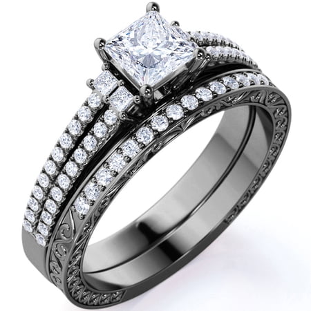 JeenMata Stunning 1.75 ct - Princess Cut Moissanite - Pave - Vintage - Double Band Gothic Engagement Ring - Bridal Set - 18K Black Gold over Silver