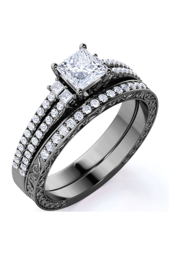 Stunning 1.75 ct - Princess Cut Moissanite - Pave - Vintage - Double Band Gothic Engagement Ring - Bridal Set - 18K Black Gold over Silver