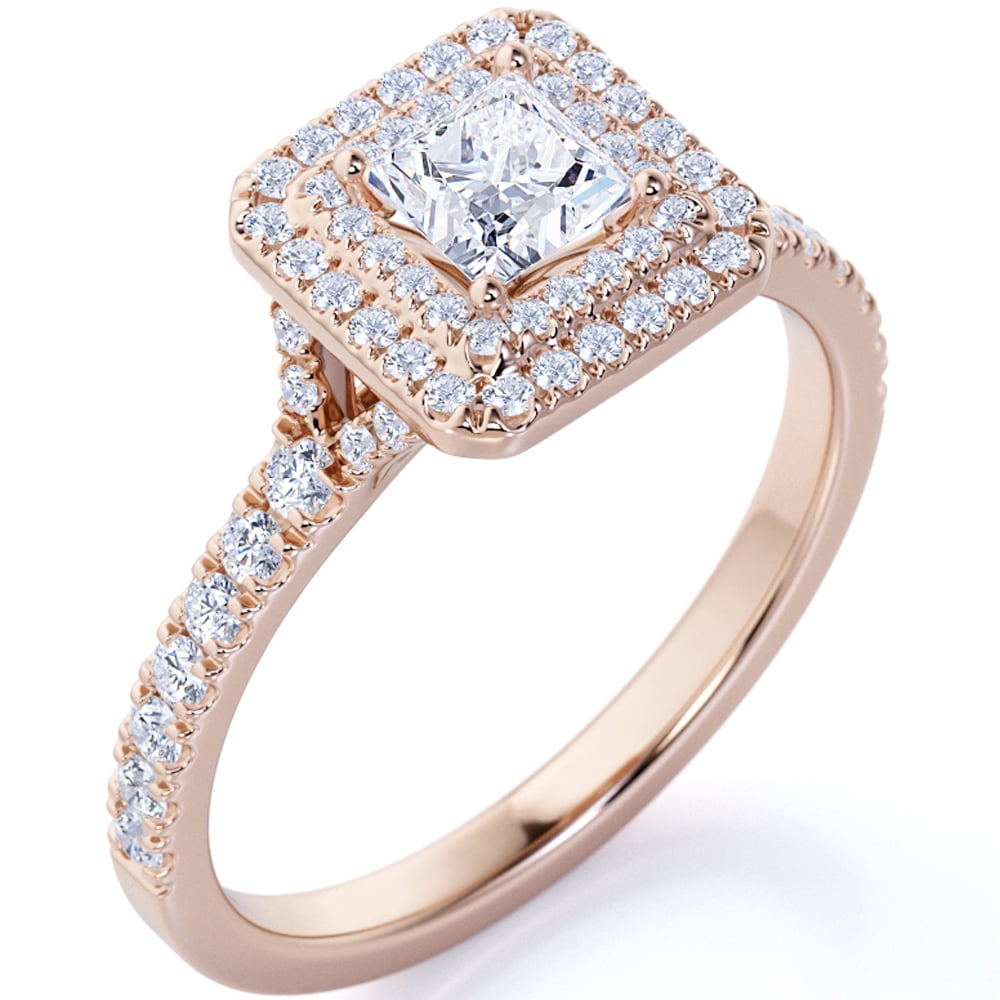 JeenMata Stunning 1 Carat Princess Cut Moissanite - Pave Set - Split Shank - Double Halo Engagement Ring in 18K Rose Gold over Silver