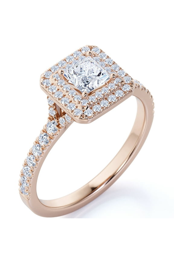 Stunning 1 Carat Princess Cut Moissanite - Pave Set - Split Shank - Double Halo Engagement Ring in 18K Rose Gold over Silver