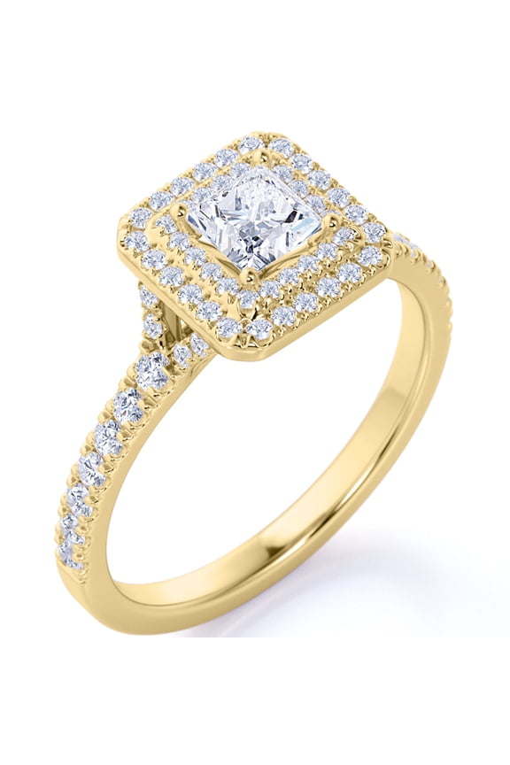 Stunning 1 Carat Princess Cut Moissanite - Pave Set - Split Shank - Double Halo Engagement Ring in 18K Yellow Gold over Silver
