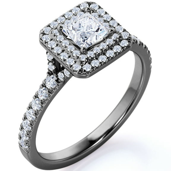 JeenMata Stunning 1 Carat Princess Cut Moissanite - Pave Set - Split Shank - Double Halo Gothic Engagement Ring in 18K Black Gold over Silver