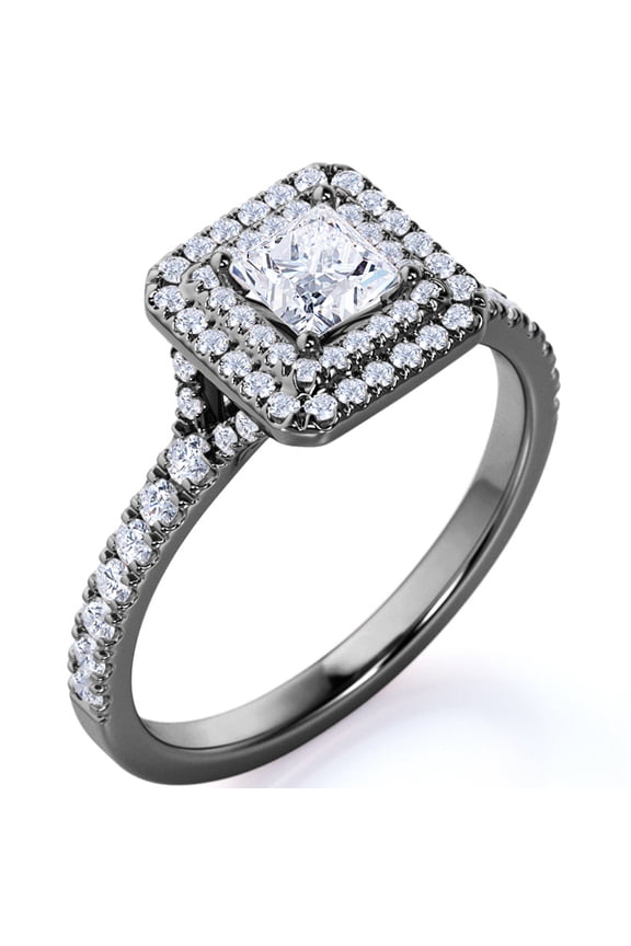 Stunning 1 Carat Princess Cut Moissanite - Pave Set - Split Shank - Double Halo Gothic Engagement Ring in 18K Black Gold over Silver