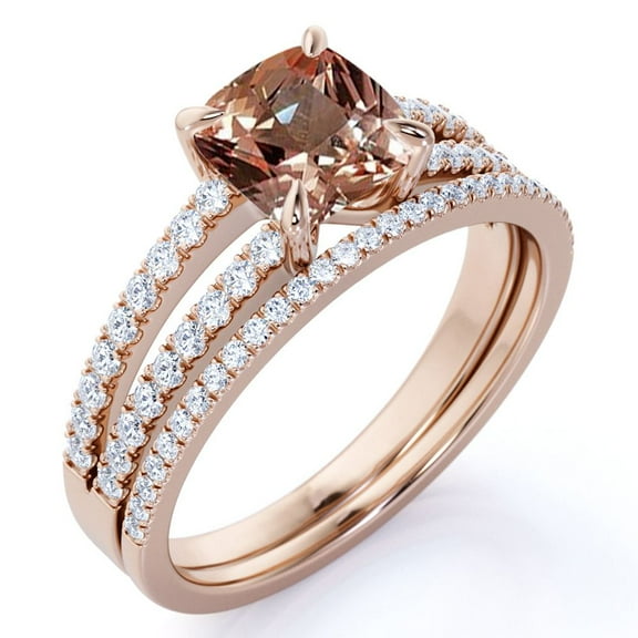 JeenMata Stunning 2 Carat Cushion Cut Peach created morganite and Moissanite Wedding Ring Set in Rose Gold