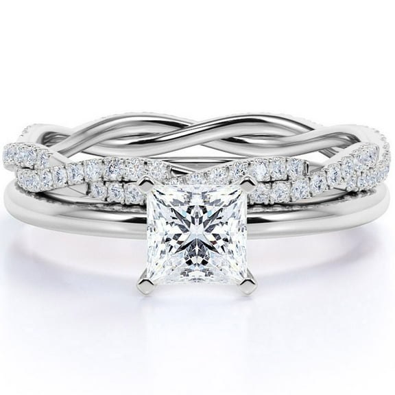 JeenMata Stylish Four Prong Set 1.5 Carat Princess Cut Moissanite Wedding Set with Art Deco Band in 18k White Gold Over Silver