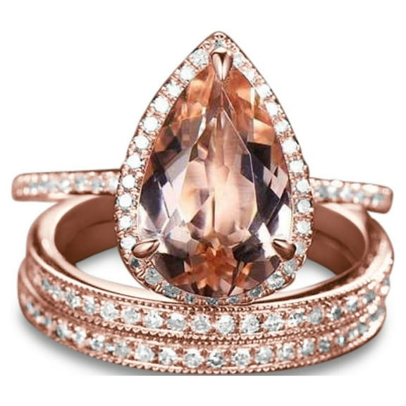 JeenMata Superb 1.5 Carat Pear Cut lab created morganite and Moissanite Halo Trio Wedding Ring Set in Rose Gold