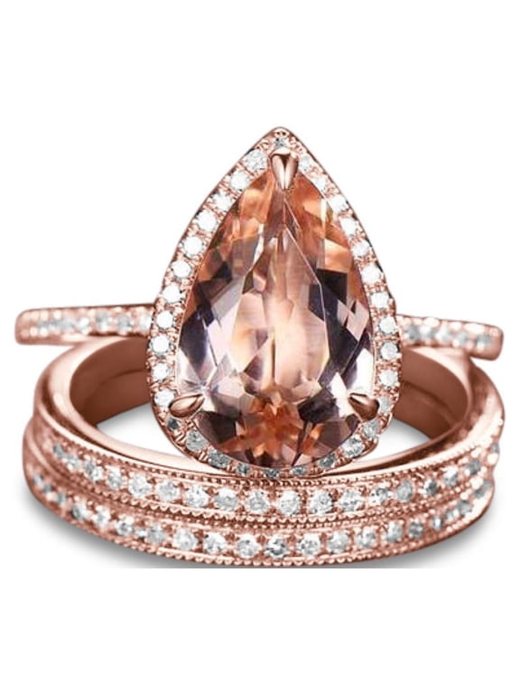Superb 1.5 Carat Pear Cut lab created morganite and Moissanite Halo Trio Wedding Ring Set in Rose Gold