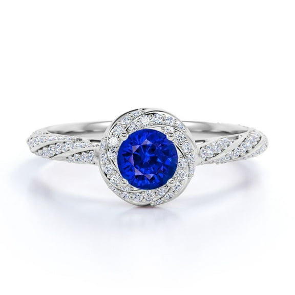 JeenMata Superb Halo-Pave 1.2 TCW Round Cut Lab Created Blue Sapphire and Moissanite Encrusted Twirl Engagement Ring in 18K White Gold Plating over Silver