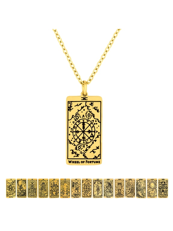 Tarot Necklace - Wheel of Fortune - Vintage Tarot Pendant Jewelry for Unisex, Jewelry Gift for Women and Men, Vintage Tarot Jewelry for Good Luck in Yellow Gold Plated