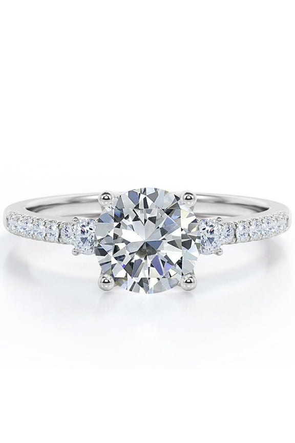 Three Stone - 1.75 Carat Round Brilliant Cut Moissanite - Pave Engagement Ring - 18K White Gold Plating Over Silver