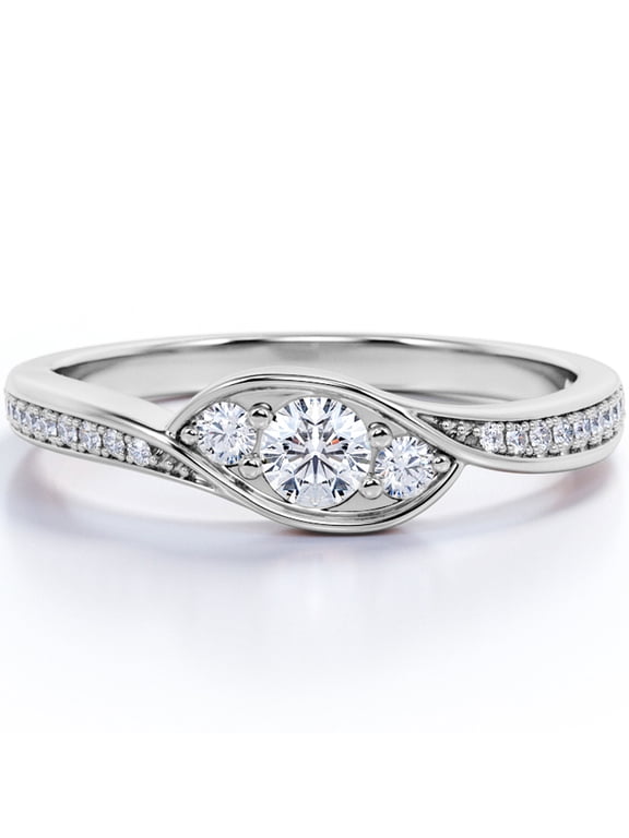 Three Stone Flush Bezel - 1.75 Carat Round Shaped Moissanite - Pave Channel Engagement Ring - 18K White Gold Plating Over Silver