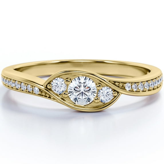 JeenMata Three Stone Flush Bezel - 1.75 Carat Round Shaped Moissanite - Pave Channel Engagement Ring - 18K Yellow Gold Plating Over Silver