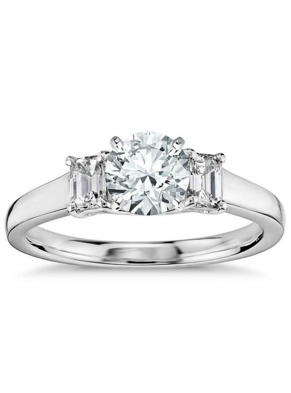 JeenMata Three Stone Round Cut Real Diamond Engagement Ring in 10k White Gold