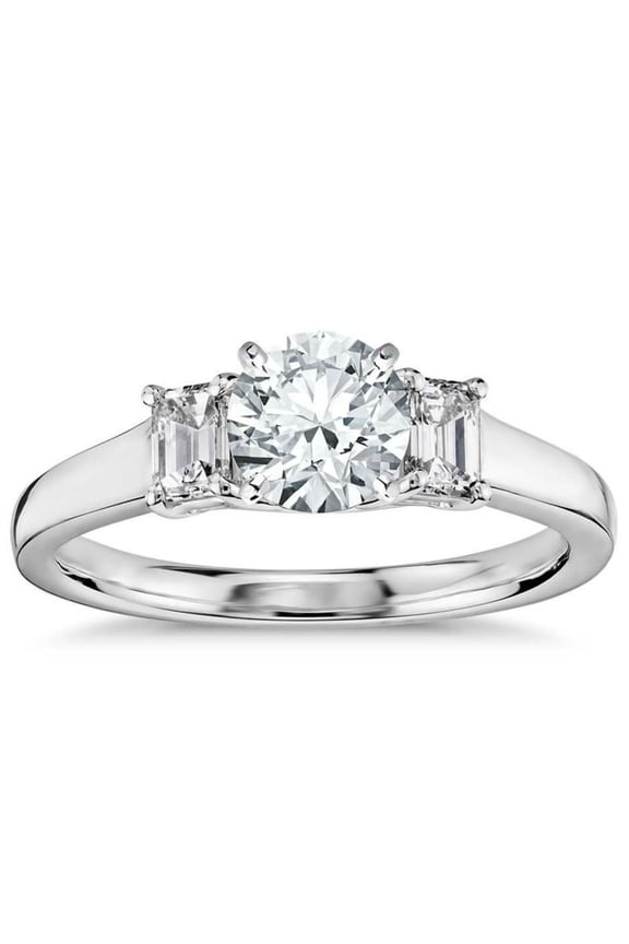 Three Stone Round Cut Real Diamond Engagement Ring in 10k White Gold