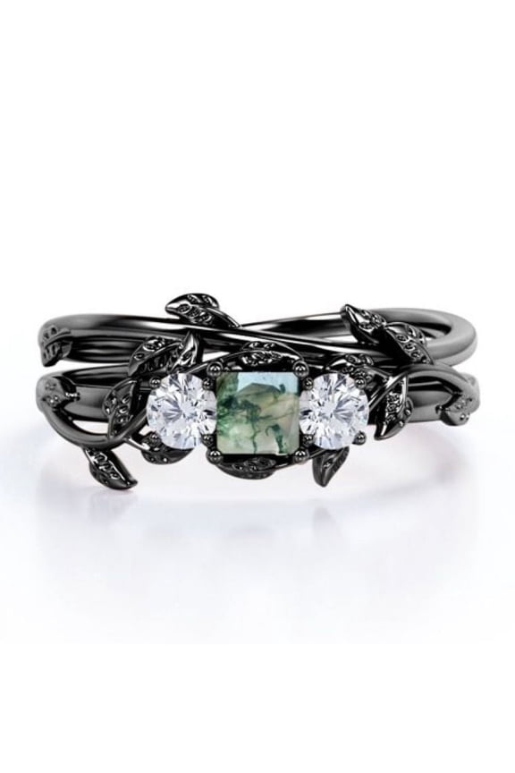 Three-stone 1 Carat Princess Cut Banded Moss Green Agate and Moissanite Nature Inspired Bridal Ring Set in 18K Black Gold Plating over Silver