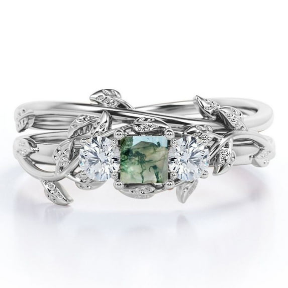 JeenMata Three-stone 1 Carat Princess Cut Banded Moss Green Agate and Moissanite Nature Inspired Bridal Ring Set in 18K White Gold Plating over Silver