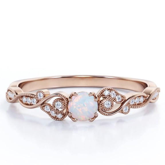 JeenMata Tiny - 1.10 Carat Round Shaped Swiss Opal And Moissanite - Cathedral - Milgrain Bezel Engagement Ring - 18K Rose Gold Plating Over Silver