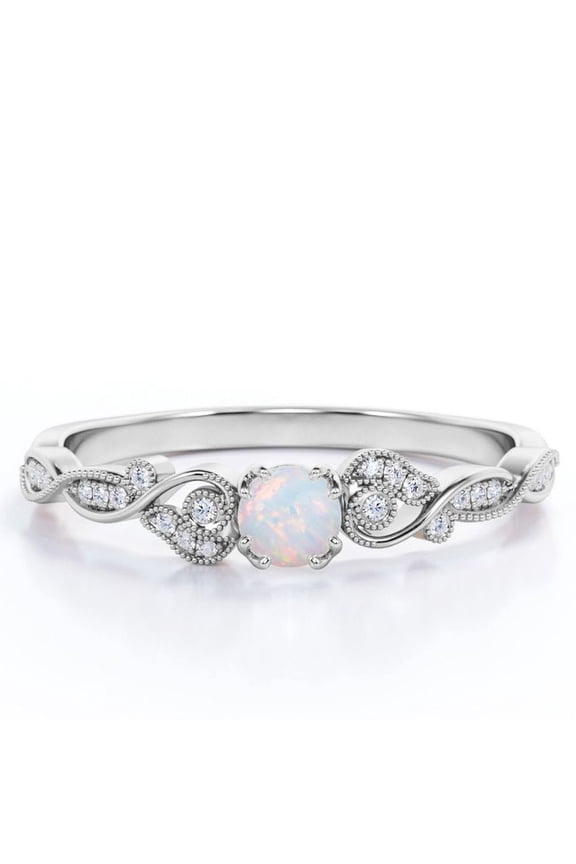 Tiny - 1.10 Carat Round Shaped Swiss Opal And Moissanite - Cathedral - Milgrain Bezel Engagement Ring - 18K White Gold Plating Over Silver