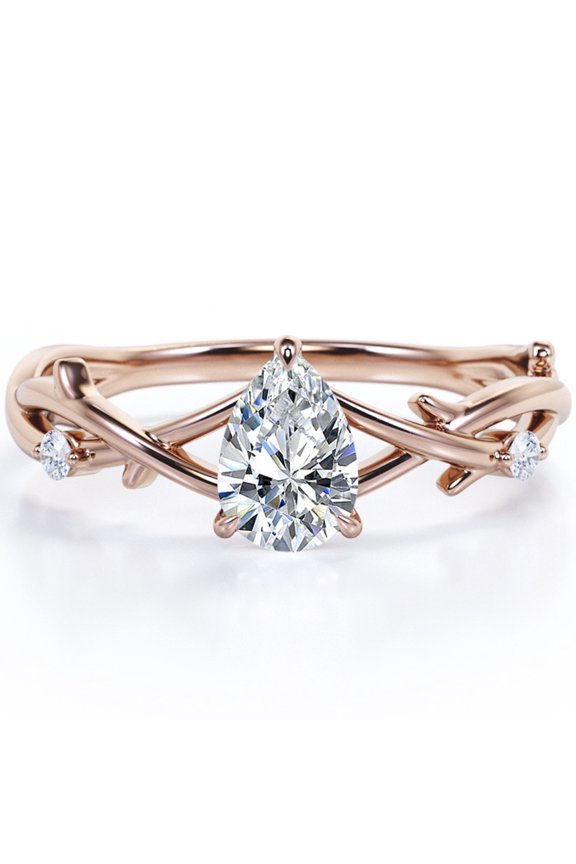 Tree Branch Design Crossover 1 Carat Pear Cut Moissanite Flush Engagement Ring In 18K Rose Gold Plating Over Silver