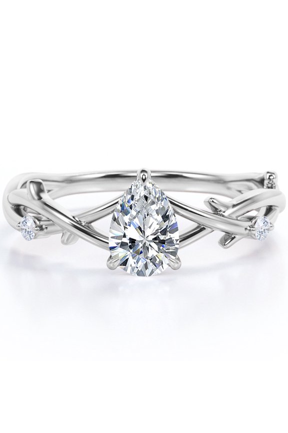 Tree Branch Design Crossover 1 Carat Pear Cut Moissanite Flush Engagement Ring In 18K White Gold Plating Over Silver