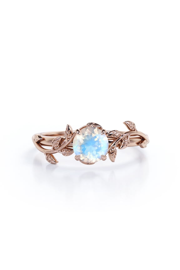 Tree Leaves - 0.50 Carat Round Cut Rainbow Moonstone - Solitaire Engagement Ring - 18K Rose Gold Plating over Silver