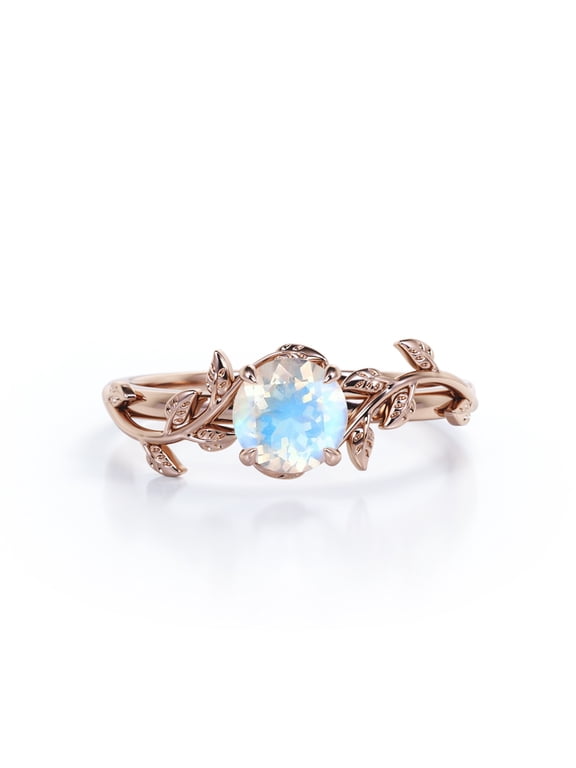 Tree Leaves - 0.50 Carat Round Cut Rainbow Moonstone - Solitaire Engagement Ring - 18K Rose Gold Plating over Silver