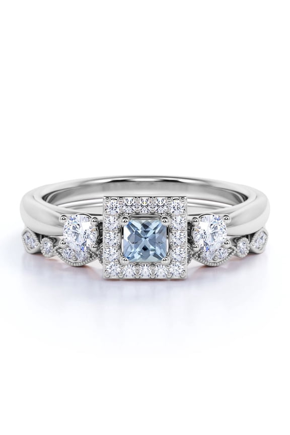 Trilogy 1.5 TCW Princess Cut Lab Created Aquamarine and Moissanite Square-Shaped Halo Wedding Ring Set