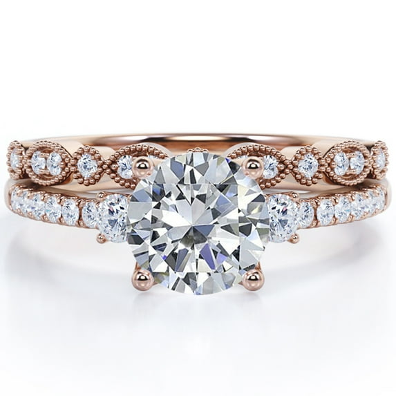 JeenMata Trilogy - 1.75 Carat Round Shaped Moissanite - Vintage Design Filigree Milgrain - Pave Wedding Ring Set - 18K Rose Gold Plating Over Silver
