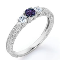 JeenMata Trilogy Cathedral Prong - 0.5 Carat Round Brilliant Cut Lab Created Alexandrite and Moissanite - Carved Filigree Milgrain Engagement Ring - 18K White Gold Plating over Silver