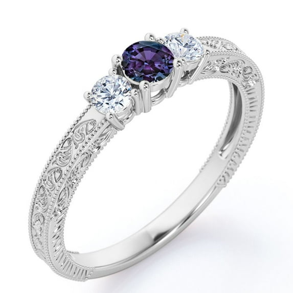JeenMata Trilogy Cathedral Prong - 0.5 Carat Round Brilliant Cut Lab Created Alexandrite and Moissanite - Carved Filigree Milgrain Engagement Ring - 18K White Gold Plating over Silver