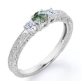 thumbnail image 1 of JeenMata Trilogy Cathedral Prong - 1 Carat Round Brilliant Cut Natural Transparent Moss Green Agate and Moissanite - Carved Filigree Milgrain Engagement Ring - 18K White Gold Plating over Silver, 1 of 7
