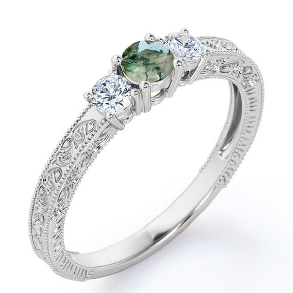 JeenMata Trilogy Cathedral Prong - 1 Carat Round Brilliant Cut Natural Transparent Moss Green Agate and Moissanite - Carved Filigree Milgrain Engagement Ring - 18K White Gold Plating over Silver