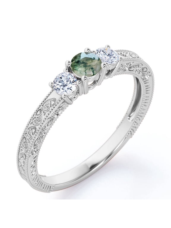 Trilogy Cathedral Prong - 1 Carat Round Brilliant Cut Natural Transparent Moss Green Agate and Moissanite - Carved Filigree Milgrain Engagement Ring - 18K White Gold Plating over Silver