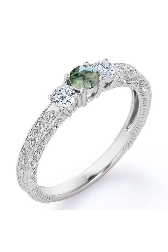 Trilogy Cathedral Prong - 1 Carat Round Brilliant Cut Natural Transparent Moss Green Agate and Moissanite - Carved Filigree Milgrain Engagement Ring - 18K White Gold Plating over Silver