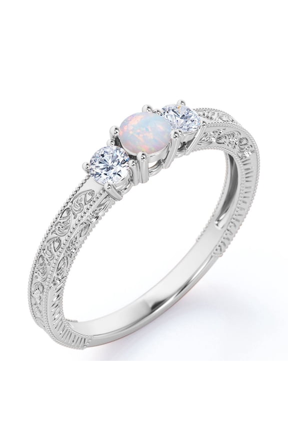 Trilogy Cathedral Prong - 1 Carat Round Brilliant Cut Rainbow Opal and Moissanite - Carved Filigree Milgrain Engagement Ring - 18K White Gold Plating over Silver