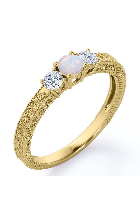 Trilogy Cathedral Prong - 1 Carat Round Brilliant Cut Rainbow Opal and Moissanite - Carved Filigree Milgrain Engagement Ring - 18K Yellow Gold Plating over Silver