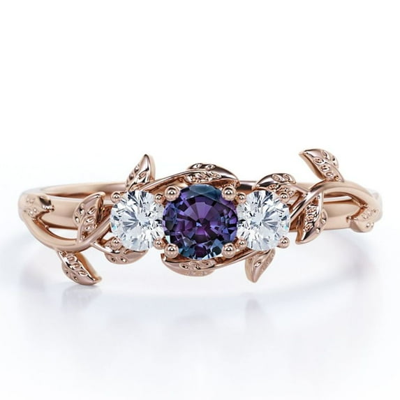 JeenMata Trio Stone - 1 Carat Round Shaped Lab Created Alexandrite and Moissanite - Botanical Design Engagement Ring - 18K Rose Gold Plating over Silver
