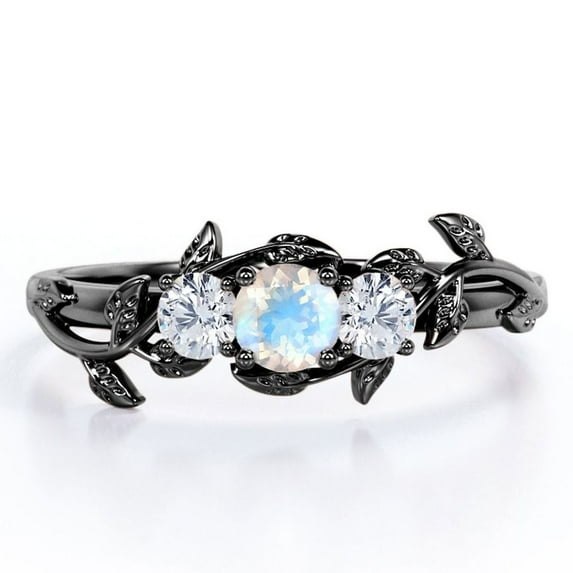 JeenMata Trio Stone - 1 Carat Round Shaped Rainbow Moonstone and Moissanite - Botanical Design Engagement Ring - 18K Black Gold Plating over Silver
