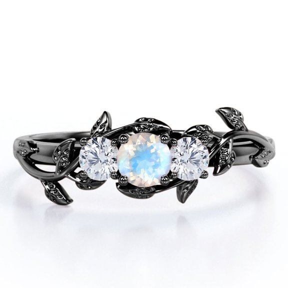 JeenMata Trio Stone - 1 Carat Round Shaped Rainbow Moonstone and Moissanite - Botanical Design Engagement Ring - 18K Black Gold Plating over Silver