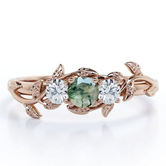 JeenMata Trio Stone - 1 Carat Round Shaped Transparent Scenic Moss Green Agate and Moissanite - Botanical Design Engagement Ring - 18K Rose Gold Plating over Silver
