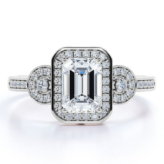 JeenMata Triple Channel Halo - 1.75 Carat Emerald Cut Moissanite - Triple Stone - Pave Channel Engagement Ring - 18K White Gold Plating Over Silver