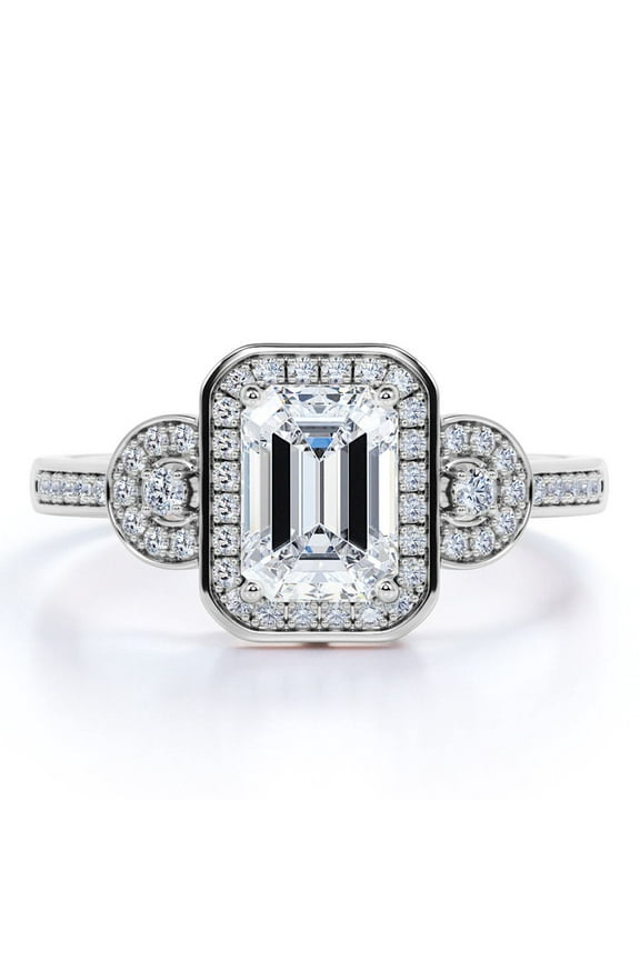 Triple Channel Halo - 1.75 Carat Emerald Cut Moissanite - Triple Stone - Pave Channel Engagement Ring - 18K White Gold Plating Over Silver
